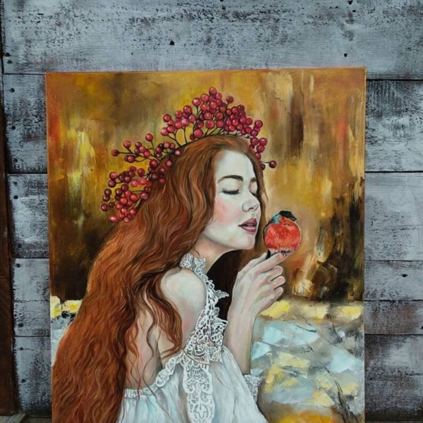 Alternative view of Red-haired girl with bullfinch bird