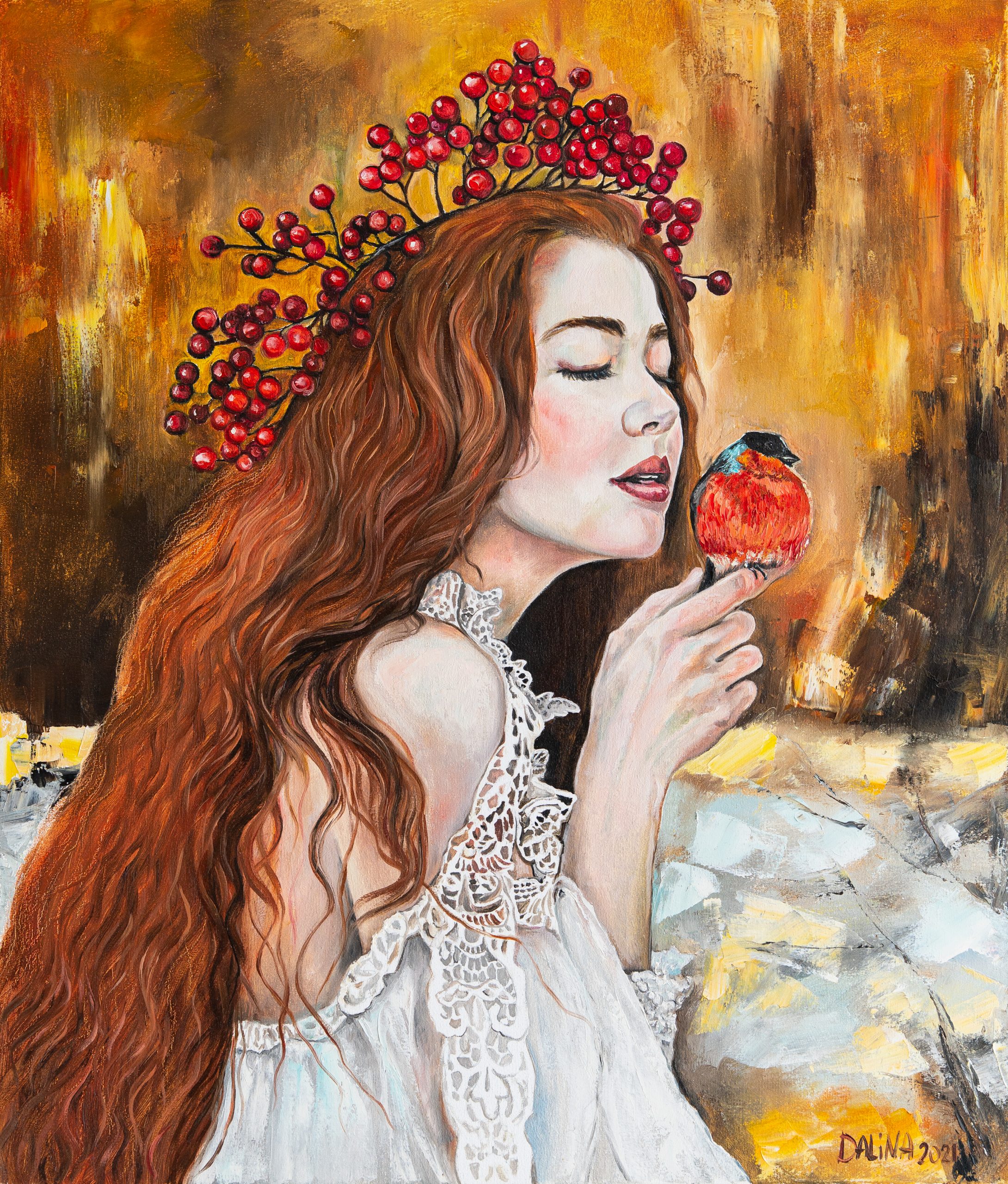 Red-haired girl with bullfinch bird